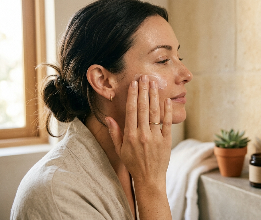 Manos aplicando suavemente una crema sobre el rostro en un baño minimalista con luz cálida