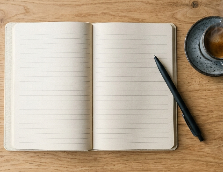 Cuaderno abierto junto a una taza de café humeante, ventana invernal de fondo, escritorio claro